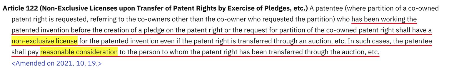 [Law Amendment] Statutory Non-Exclusive License for Co-Owners Working the Patented Invention Before an Auction Request (Effective 2022.04.20)