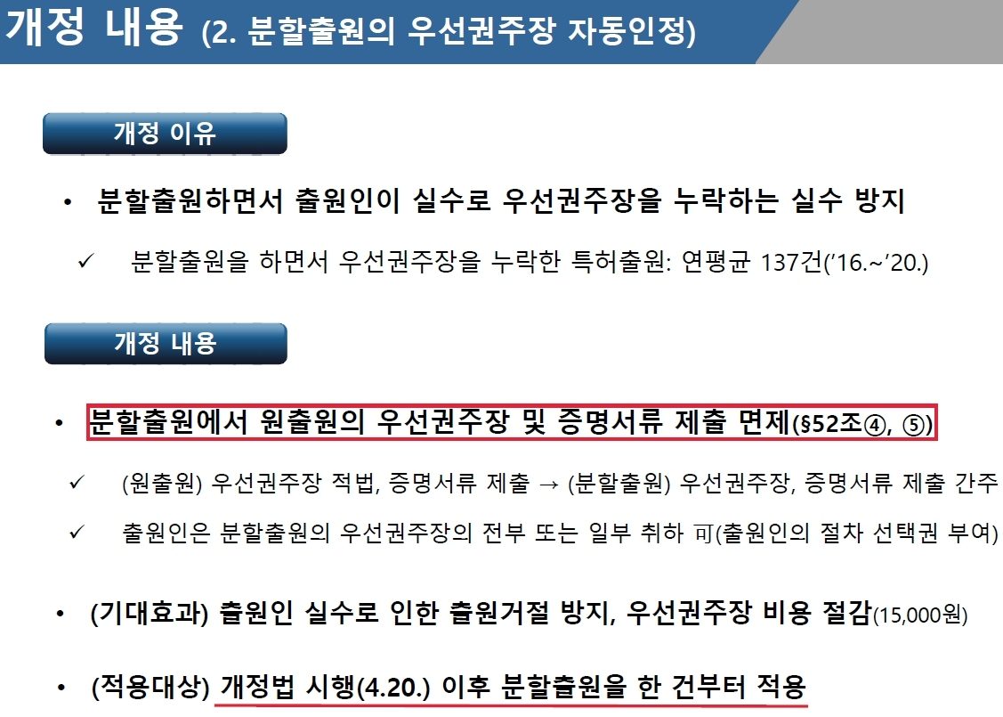 [특허개정법] 분할출원시 우선권주장 및 증명서류 제출 면제(2022.04.20 시행)